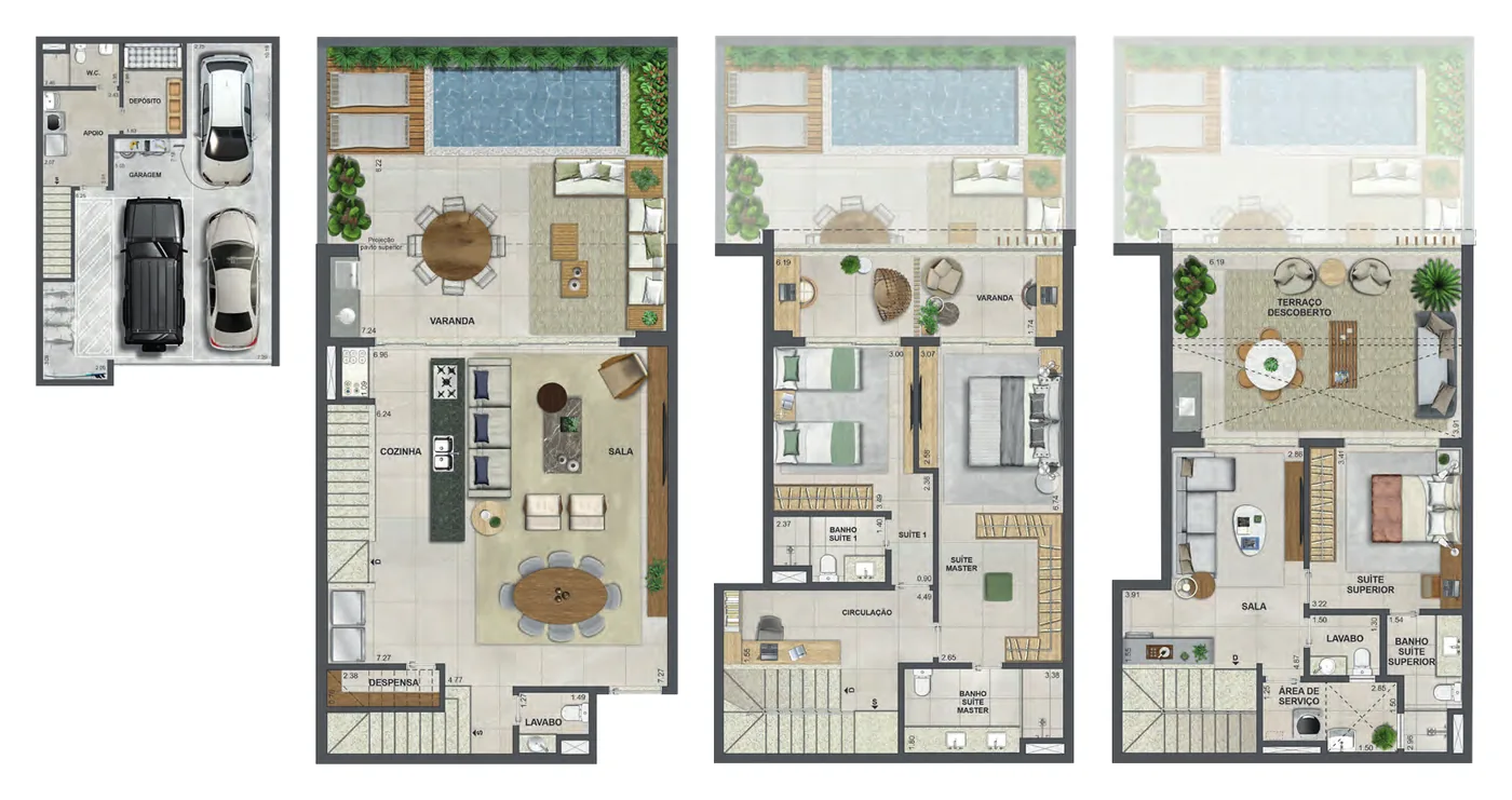 Plantas dos quatro níveis da casa Magnólia Casa 4 do Claris Casa & Clube, com 342,48 m², garden, suítes e terraço